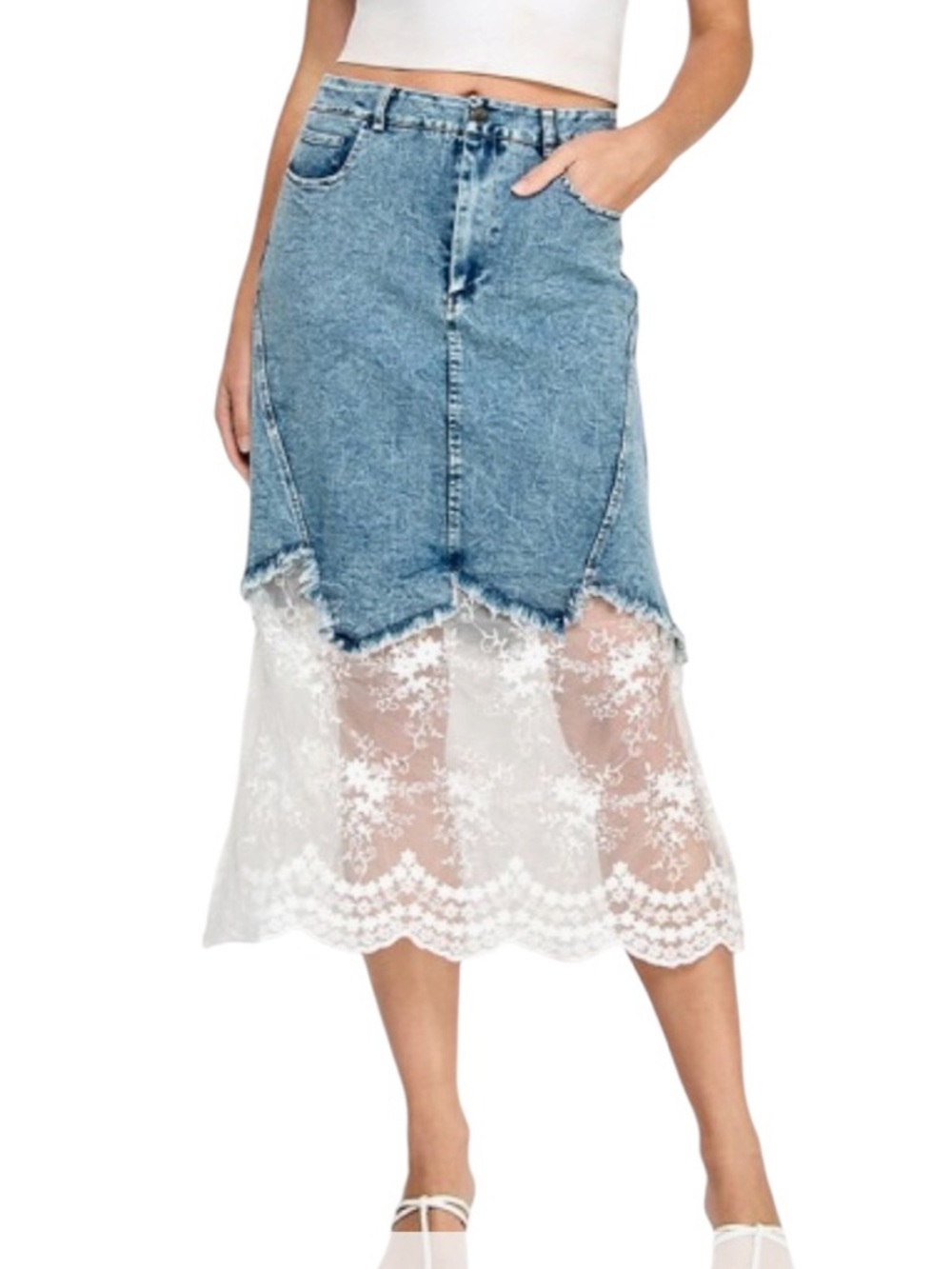 Denim & Lace Contrast Stretch Middy Skirt w Asymmetric Frayed Denim - Picture 1 of 2